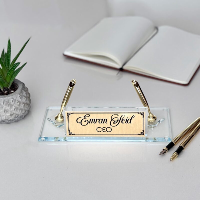 Crystal Glass Nameplate 1.77 x 5.90 inches Clear Crystal with Dual Gold Signature Pens