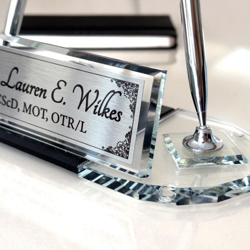 PhD Office Nameplate 1.77 x 5.90 inches Clear Crystal Desk Nameplate with Clock and Dual Silver Pens