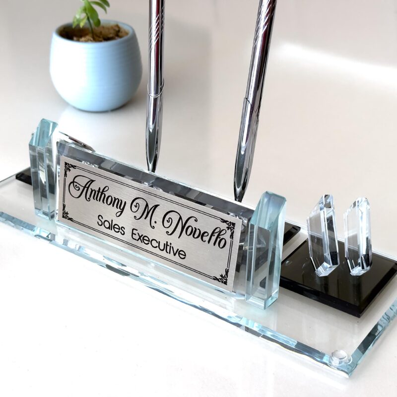 Luxury Glass Desk Nameplate 1.77 x 5.90 inch Premium Crystal with Integrated Analog Clock Dual Silver Pens and Card Holder for Executive Desks