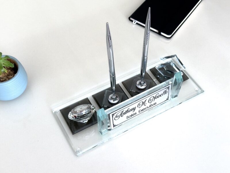 il_fullxfull.7006814157_lcug.jpg Luxury Glass Desk Nameplate | 1.77 x 5.90 in | Analog Clock & Pens