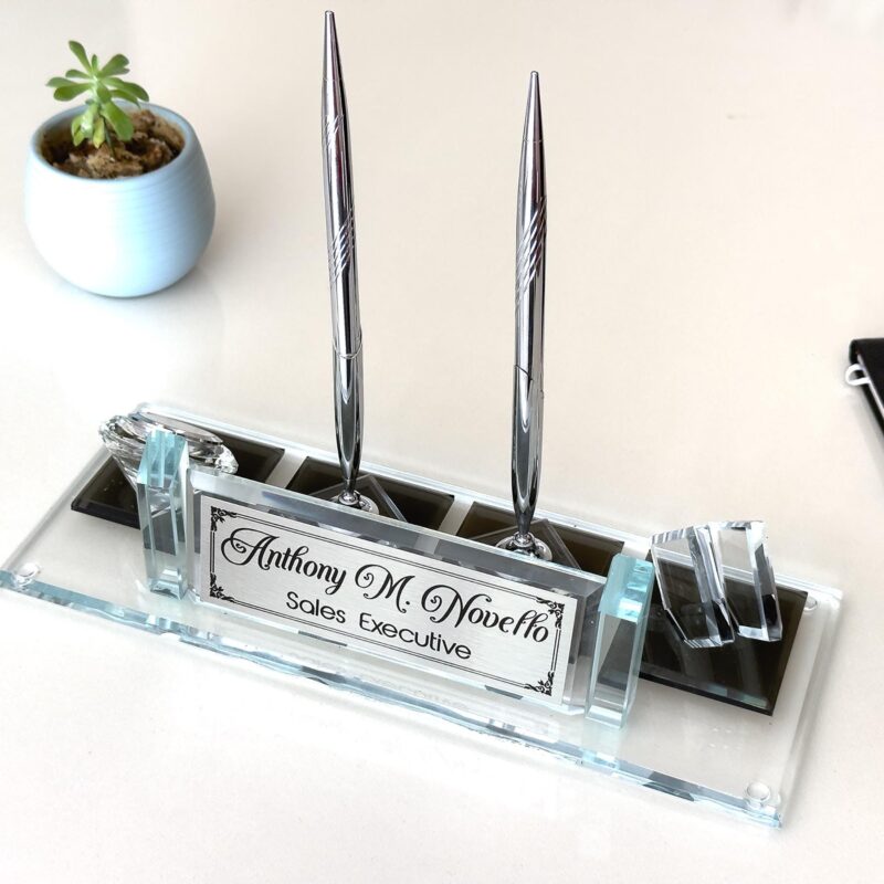 Custom Desk Organizer Set 1.77 x 5.90 inch Premium Silver Plate Crystal Glass with Integrated Business Card Holder for Modern Executive Desks