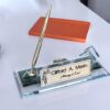 Custom Glass Desk Name Plate with Logo 1.77 x 5.90 inches for Lawyers with Themis Justice Statue Clock and Pen