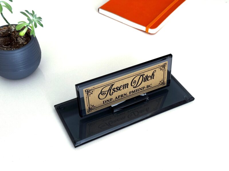 Custom Glass Desk Name Plate with Logo 1.77 x 5.90 inches Black Crystal for DNP and APRN Nursing Professionals