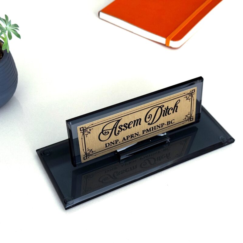 Custom Glass Desk Name Plate with Logo 1.77 x 5.90 inches Black Crystal for DNP and APRN Nursing Professionals Custom Glass Desk Name Plate with Logo 1.77 x 5.90 inches Black Crystal for DNP and APRN Nursing Professionals