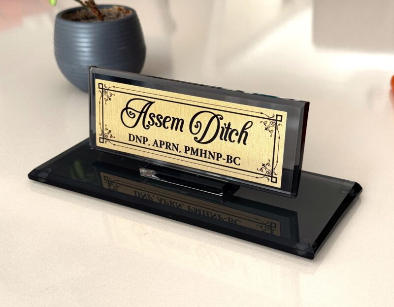 Custom Glass Desk Name Plate with Logo 1.77 x 5.90 inches Black Crystal for DNP and APRN Nursing Professionals