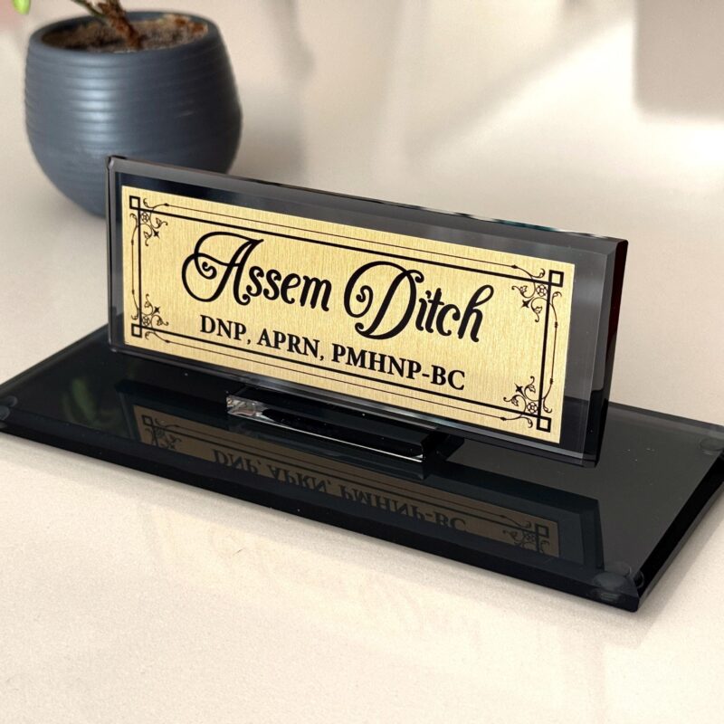 Custom Glass Desk Name Plate with Logo 1.77 x 5.90 inches Black Crystal for DNP and APRN Nursing Professionals Custom Glass Desk Name Plate with Logo 1.77 x 5.90 inches Black Crystal for DNP and APRN Nursing Professionals