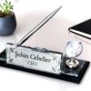 Custom Glass Desk Name Plate with Logo 1.77 x 5.90 inches CEO Set with Silver Clock Globe and Pen