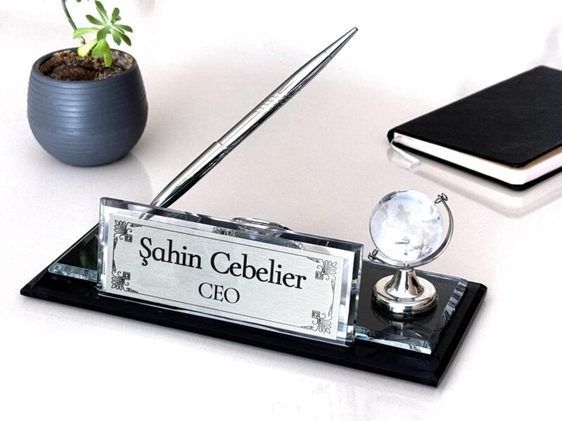 Custom Glass Desk Name Plate with Logo 1.77 x 5.90 inches CEO Set with Silver Clock Globe and Pen