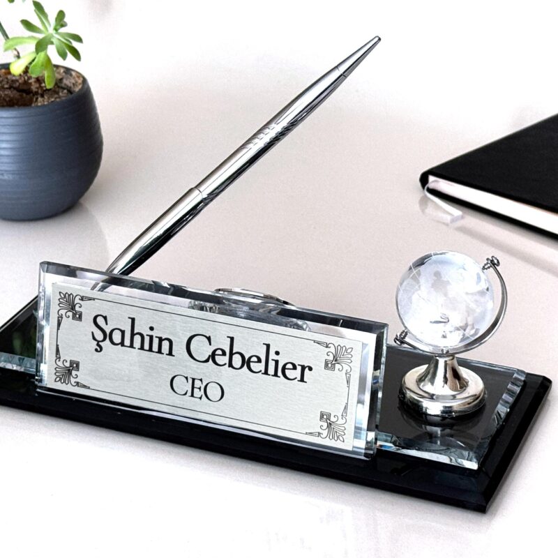 Custom Glass Desk Name Plate with Logo 1.77 x 5.90 inches CEO Set with Silver Clock Globe and Pen