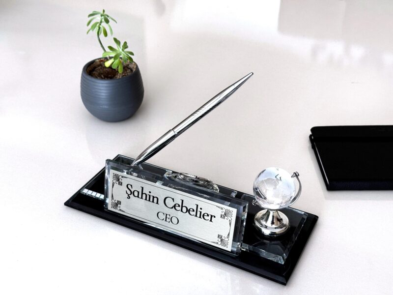 Custom Glass Desk Name Plate with Logo 1.77 x 5.90 in | CEO