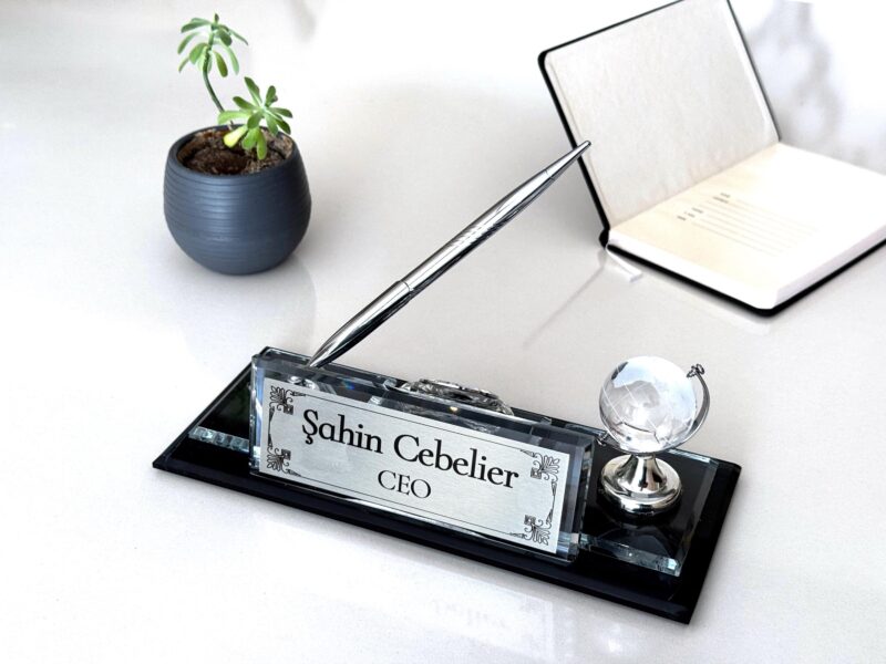 Custom Glass Desk Name Plate with Logo 1.77 x 5.90 inches CEO Set with Silver Clock Globe and Pen