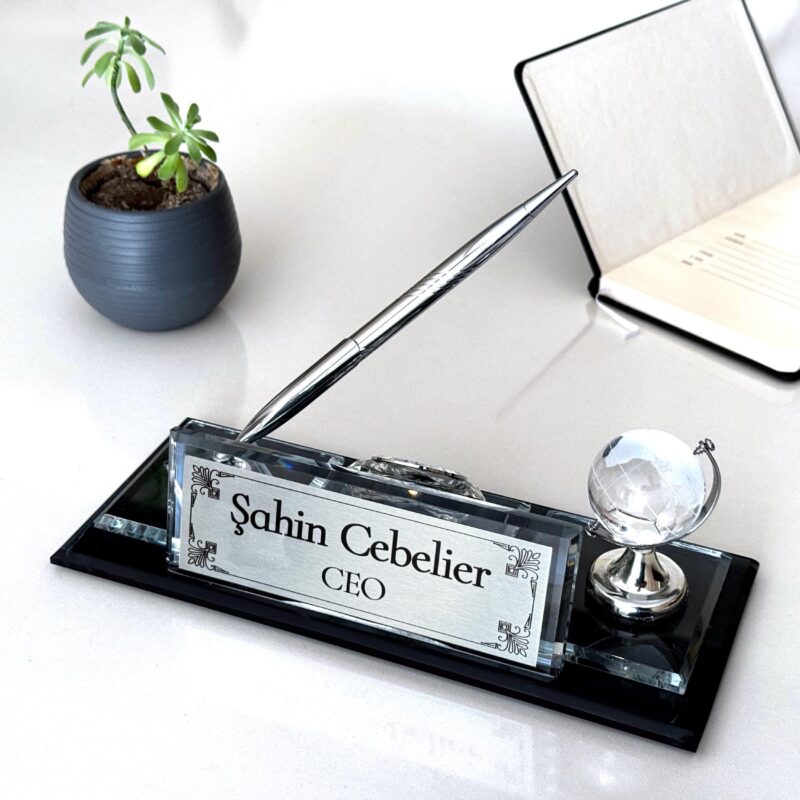 Custom Glass Desk Name Plate with Logo 1.77 x 5.90 inches CEO Set with Silver Clock Globe and Pen